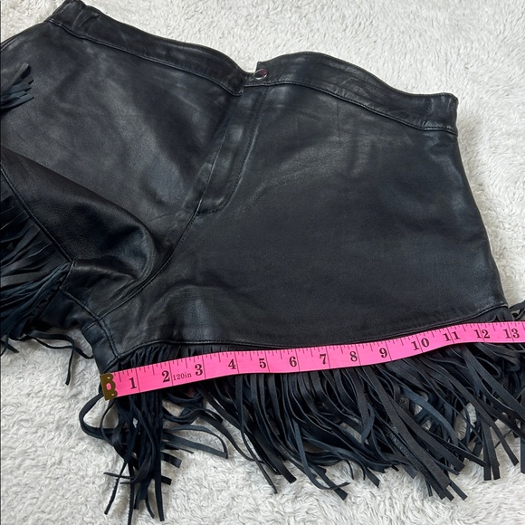 90s or Y2K Le'baz vegan leather high rise black fringe shorts, L - Picture 4 of 6